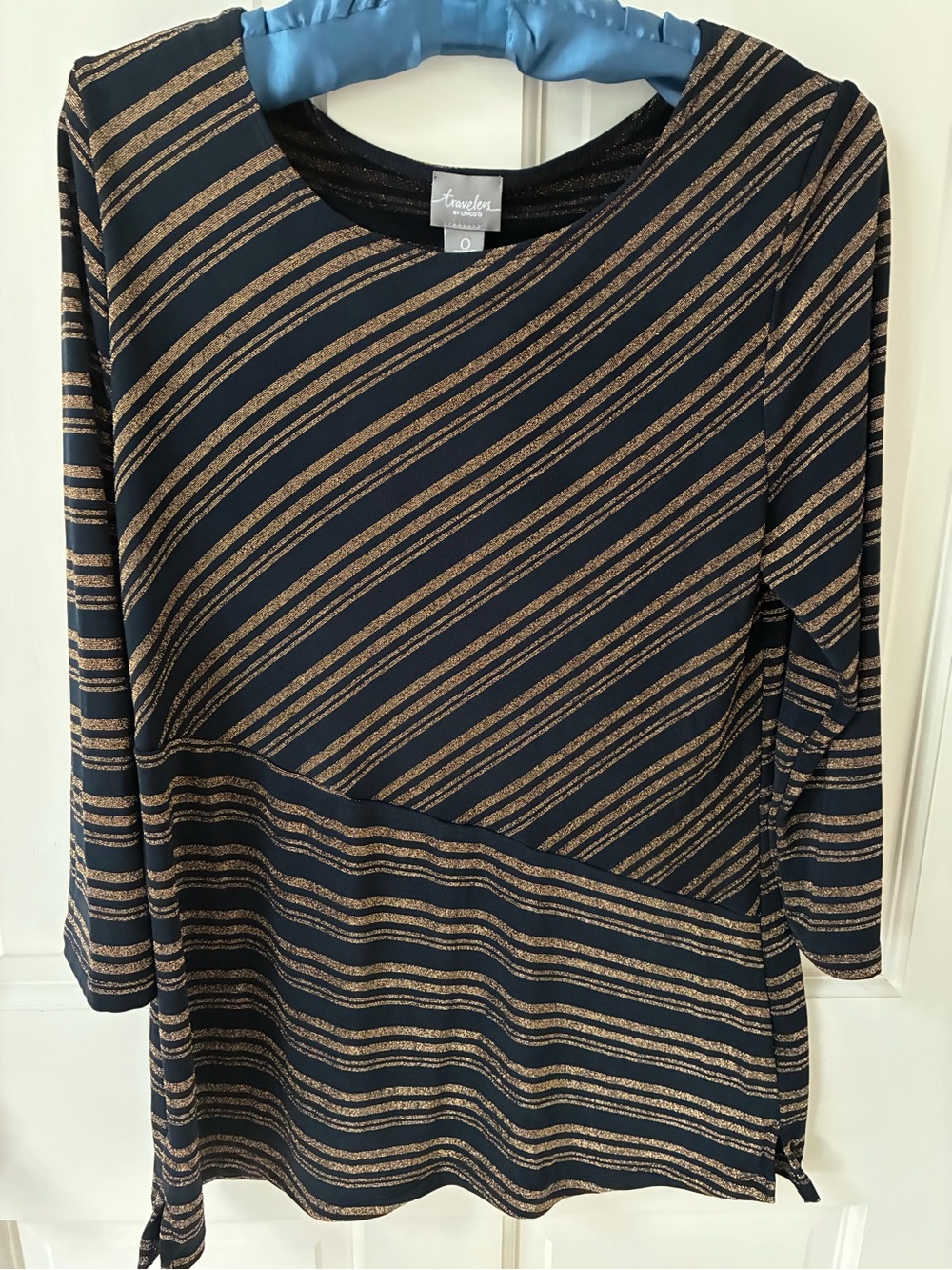 Chico’s Navy Top with Metallic Gold Diagonal Stripes